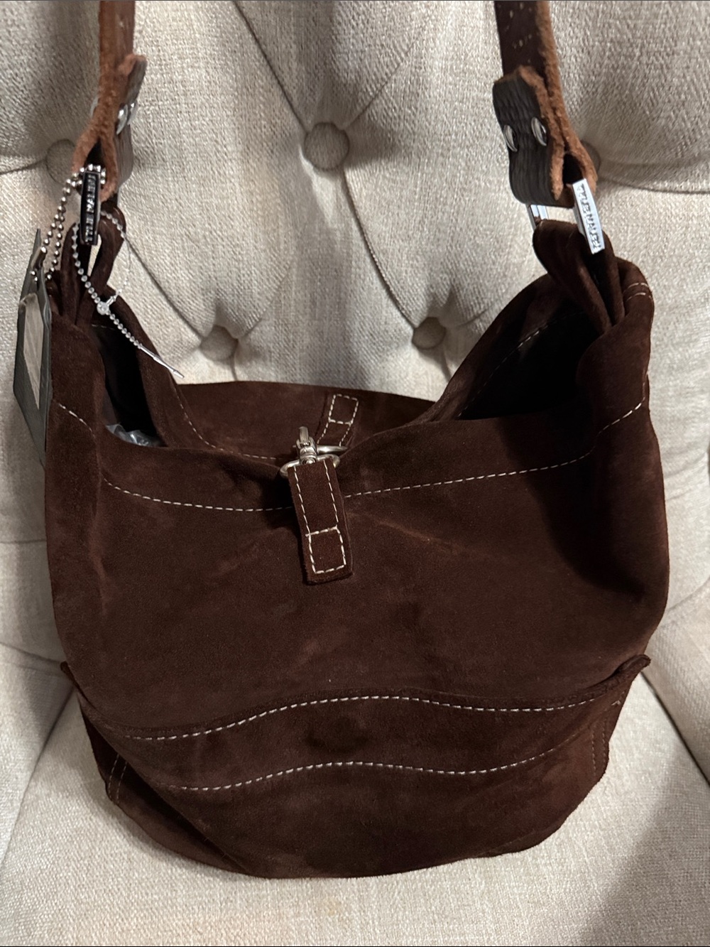 Tylie Malibu Dark Brown Suede Shoulder Bag with Leather Studded Strap - Picture 2 of 14